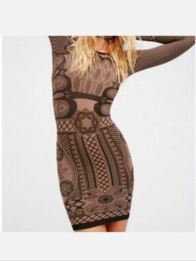 Free People Intimately M/L Tapestry Bodycon Mini Dress Black Taupe Geometric